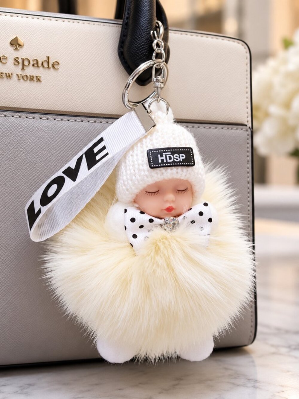 🔥Adorable Sleeping Baby Fluffy Fur White Pom Pom Charm Keychain Cute Gift